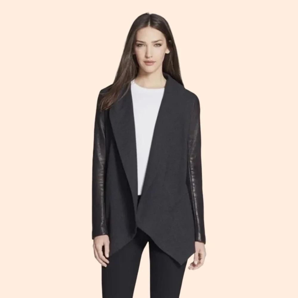 Wool Draped Open-Front Jacket with Genuine Leather Sleeves